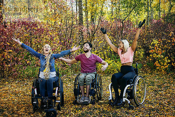 Gruppe von drei jungen Querschnittsgelähmten in ihren Rollstühlen in einem Park an einem schönen Herbsttag; Edmonton  Alberta  Kanada