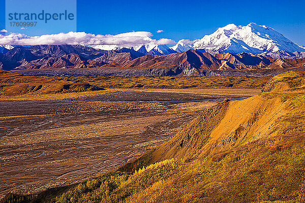 Mount Denali (McKinley) und Muldrow-Gletscher  gesehen von Eielson Bluffs im Herbst; Denali National Park and Preserve  Interior Alaska  Alaska  Vereinigte Staaten von Amerika