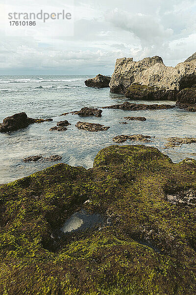 Moosbewachsene Felsen und Formationen entlang der Küstenlinie des Suluban Beach; Uluwatu  Bali  Indonesien