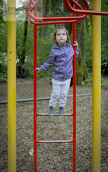 Mädchen im Vorschulalter auf einem Spielplatz; North Vancouver  British Columbia  Kanada