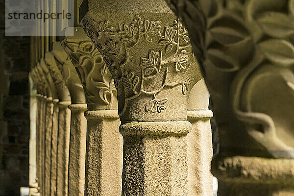 Säulen und Skulpturen im Kreuzgang der Benediktinerabtei in Iona  Schottland; Isle of Iona  Schottland