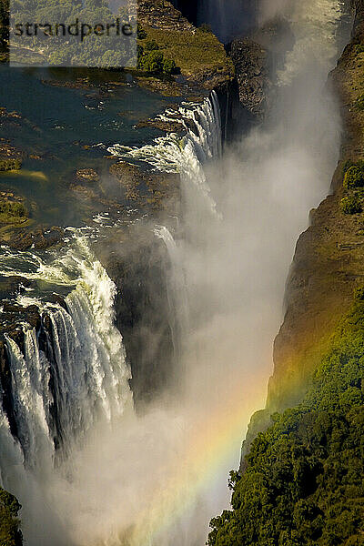 Luftaufnahme eines Regenbogens über einem Wasserfall.
