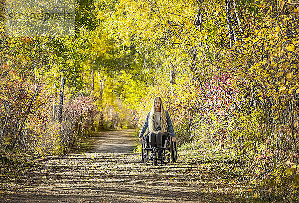 Junge querschnittsgelähmte Frau in ihrem Rollstuhl  die an einem schönen Herbsttag einen Weg in einem Park hinunterfährt; Edmonton  Alberta  Kanada