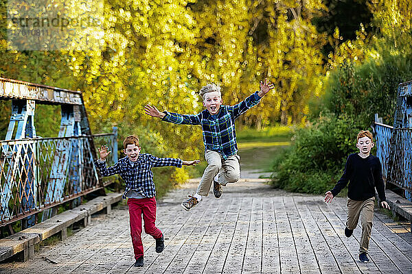 Drei Jungen laufen im Herbst über eine Brücke in einem Park  wobei der Junge in der Mitte hoch in die Luft springt; Edmonton  Alberta  Kanada