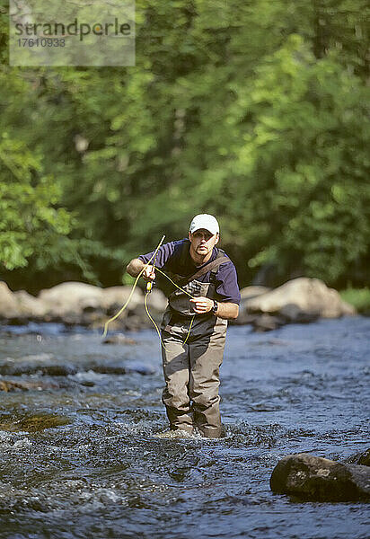 Ein Mann beim Fliegenfischen im Tea Creek; Monongahela National Forest  West Virginia.