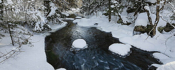 Ruhige Winterlandschaft mit Spiegelungen im Wasser und Schneeverwehungen  Laurentides; Quebec  Kanada