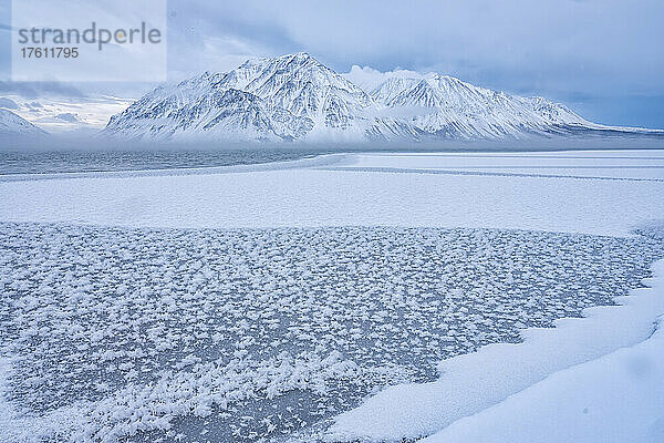 Wunderschöne Winterlandschaft am gefrorenen Ufer des Kathleen Lake mit dem schneebedeckten Mount Worthington in der Ferne; Haines Junction  Yukon  Kanada