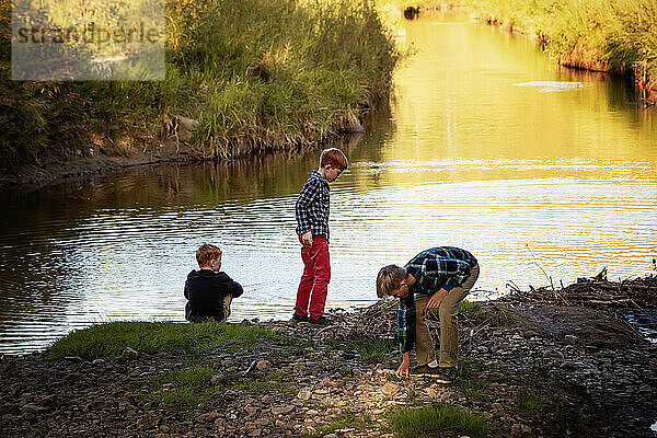 Drei Brüder verbringen Zeit am Wasser in einem Park im Herbst; Edmonton  Alberta  Kanada