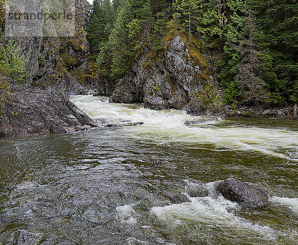 Rauschender Fluss in einem zerklüfteten Waldgebiet entlang des Highway 16 zwischen Terrace und Prince George in BC  Kanada; British Columbia  Kanada