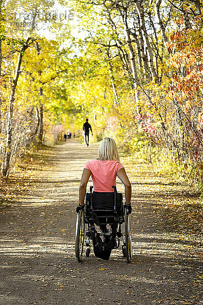 Junge querschnittsgelähmte Frau in ihrem Rollstuhl  die an einem schönen Herbsttag einen Weg in einem Park hinunterfährt; Edmonton  Alberta  Kanada