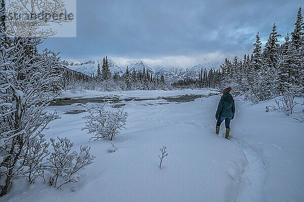 Blick von hinten auf eine Frau  die im Schnee steht und die Aussicht entlang des Wheaton River im Winter mit den Bergen in der Ferne genießt; Whitehorse  Yukon  Kanada