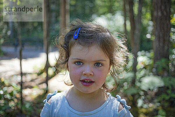 Nahaufnahme eines Mädchens im Vorschulalter mit blauen Augen  blonden Locken und rosigen Wangen; British Columbia  Kanada