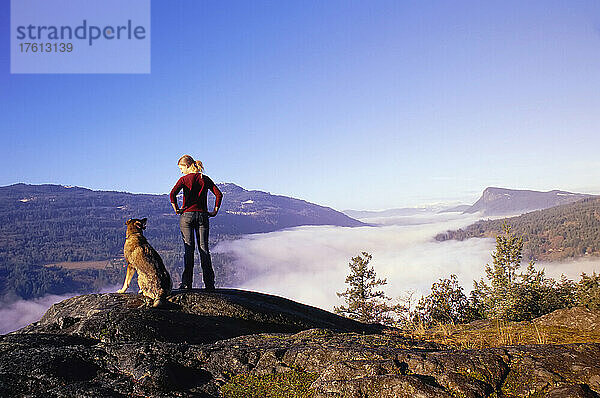 Mädchen und Hund auf dem Gipfel eines Berges