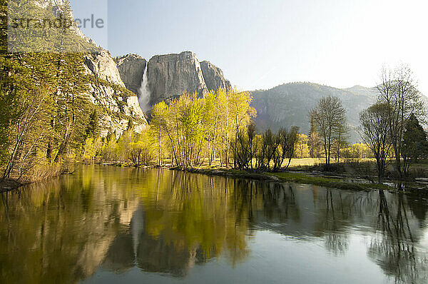 Yosemite Falls und Herbstlaub  das sich im Merced River spiegelt  Yosemite National Park; Kalifornien  Vereinigte Staaten von Amerika