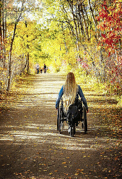 Junge querschnittsgelähmte Frau in ihrem Rollstuhl  die an einem schönen Herbsttag einen Weg in einem Park hinunterfährt; Edmonton  Alberta  Kanada