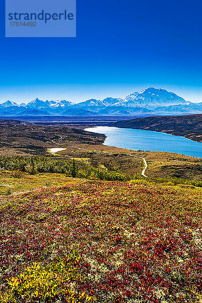 Luftaufnahme des Mount Denali (McKinley) und des Wonder Lake mit herbstlich gefärbten Tundra-Hügeln und der Park Road unter strahlend blauem Himmel; Denali National Park and Reserve  Interior Alaska  Alaska  Vereinigte Staaten von Amerika