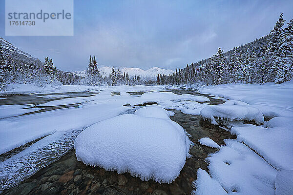 Schneebedeckte Felsen am Wheaton River mit den Bergen in der Ferne im Winter; Whitehorse  Yukon  Kanada