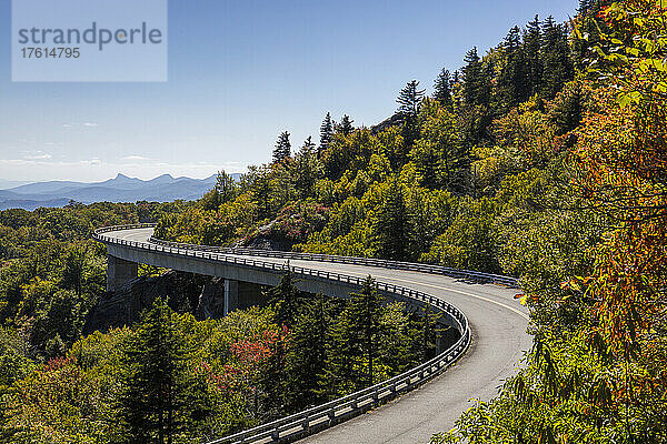 Linn Cove Viaduct kurvt durch bunte Herbstbäume entlang des Blue Ridge Parkway; North Carolina  Vereinigte Staaten von Amerika