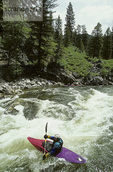 Ein Kajakfahrer paddelt  um die Stromschnellen zu überwinden; Middle Fork of the Salmon River  Idaho