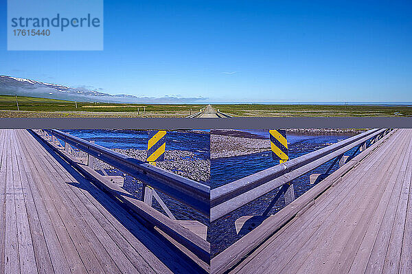 Einspurige Holzbrücke über einen Fluss  Straße Hlidarvegur in Nordisland; Ketilsstadhir  Austurland  Island