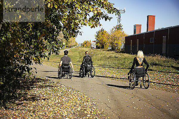 Drei junge querschnittsgelähmte Freunde verbringen Zeit miteinander  indem sie an einem schönen Herbsttag in einem Stadtpark in ihren Rollstühlen einen Weg entlangfahren; Edmonton  Alberta  Kanada