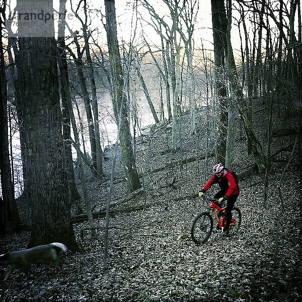 Ein Mountainbiker und sein Hund auf einem Singletrail im Winter; Great Falls National Park  Virginia.