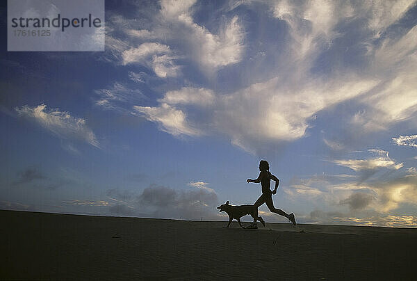 Eine Frau und ihr Hund laufen am Strand entlang  mit schönem Himmel; Jockeys Ridge State Park  Nags Head  North Carolina