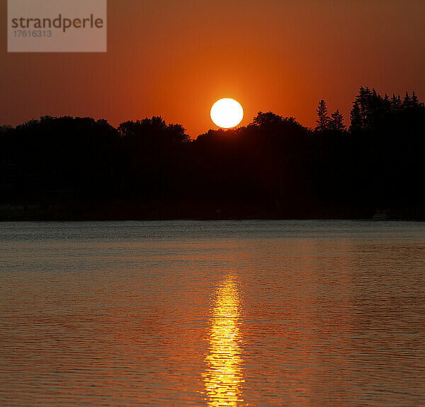 Die Sonne versinkt hinter den silhouettierten Bäumen entlang eines Sees und spiegelt sich in dem ruhigen Wasser