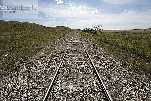 Eisenbahnschienen in einer weiten Landschaft der kanadischen Prärien  die in die Ferne führen; Sanctuary  Saskatchewan  Kanada