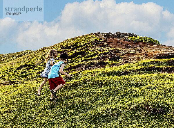 Zwei kleine Kinder klettern gemeinsam auf einen grasbewachsenen Hügel am Nakalele Point; Maui  Hawaii  Vereinigte Staaten von Amerika