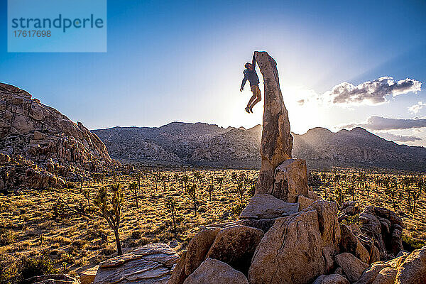 Die Aguille de Joshua Tree erhebt sich bei Sonnenuntergang über der Wüste  während ein Mann mit einem Felsblock nach oben klettert.
