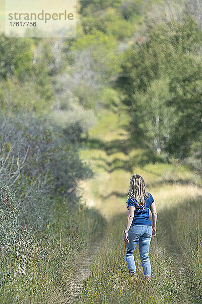 Frau  die einen alten Karrenweg im ländlichen Saskathewan entlanggeht; Prince Albert  Saskatchewan  Kanada