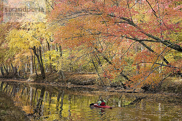 Eine Frau fährt mit dem Kajak auf dem Chesapeake and Ohio Canal National Park; Chesapeake and Ohio Canal National Park  Cabin John  Maryland