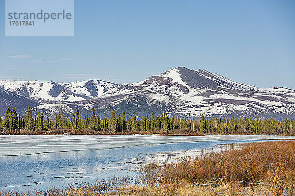 Die Kobuk-Berge spiegeln sich in einem Teich hinter dem Dorf Kobuk im späten Frühling; Nordwest-Alaska  Alaska  Vereinigte Staaten von Amerika