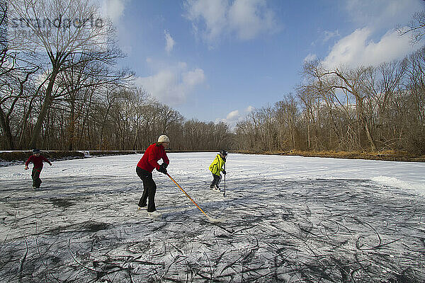 Eine Mutter und ihre beiden Kinder spielen Teichhockey auf dem zugefrorenen C&O-Kanal; Chesapeake and Ohio Canal. Potomac  Maryland.
