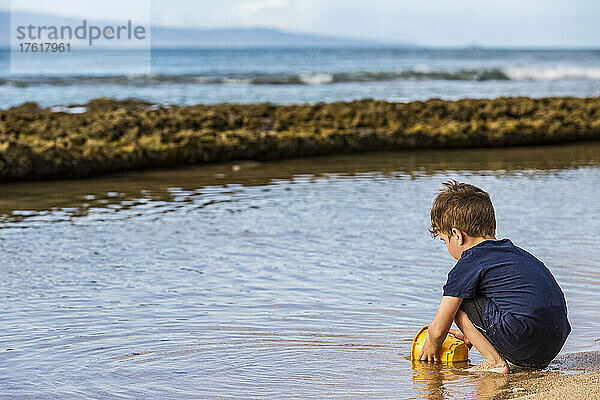 Ein kleiner Junge sammelt Wasser in einem Eimer am Strand von Ka'anapali; Ka'anapali  Maui  Hawaii  Vereinigte Staaten von Amerika