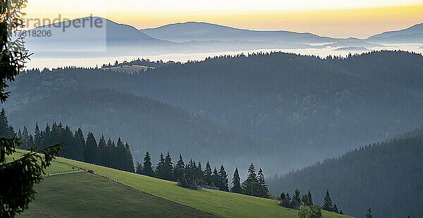 Blauer Schimmer über den schemenhaften Karpaten in der Nähe von Tasuleasa Social NGO für den Wanderweg Via Transilvanica durch Siebenbürgen  während die Sonne am Horizont aufgeht und den Nebel beleuchtet; Siebenbürgen  Rumänien