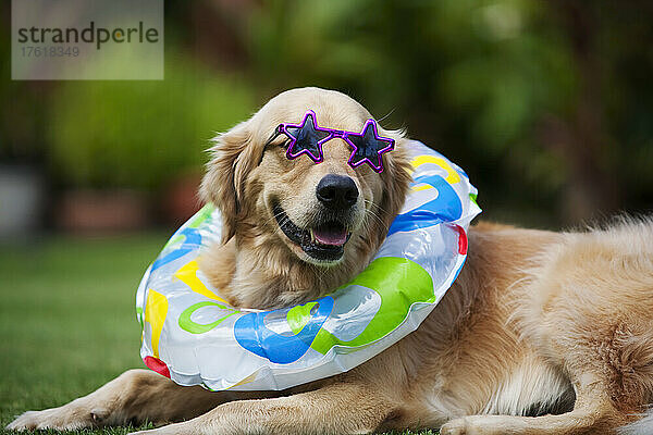 Golden Retriever Hund mit Sonnenbrille und Schlauch  bereit für den Strand; Paia  Maui  Hawaii  Vereinigte Staaten von Amerika