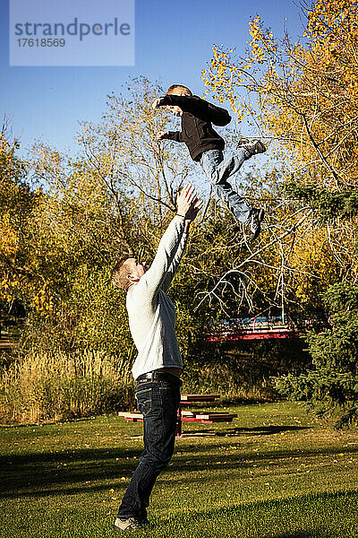 Vater spielt mit seinem kleinen Sohn in einem Park im Herbst und wirft ihn hoch in die Luft; St. Albert  Alberta  Kanada