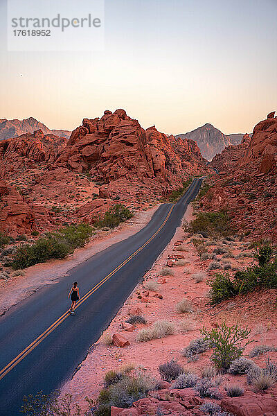 Eine Frau fährt mit dem Skateboard eine leere Wüstenstraße im Valley of Fire State Park hinunter.