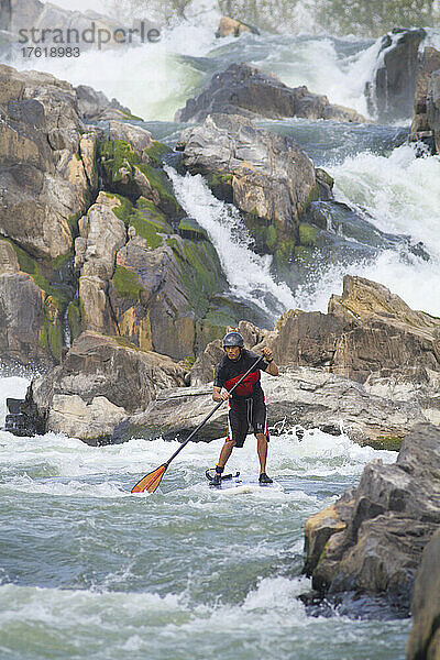 Ein Stand Up Paddle Boarder im Wildwasser kurz unterhalb von Great Falls; Potomac River  Maryland/Virginia.