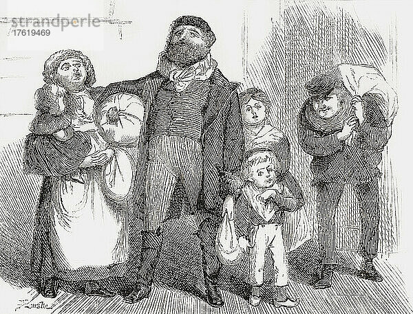 Ein neu angekommener europäischer Einwanderer und seine Familie gehen mit ihrem gesamten Hab und Gut durch die Straßen von New York. Nach einem in den 1870er Jahren veröffentlichten Werk.