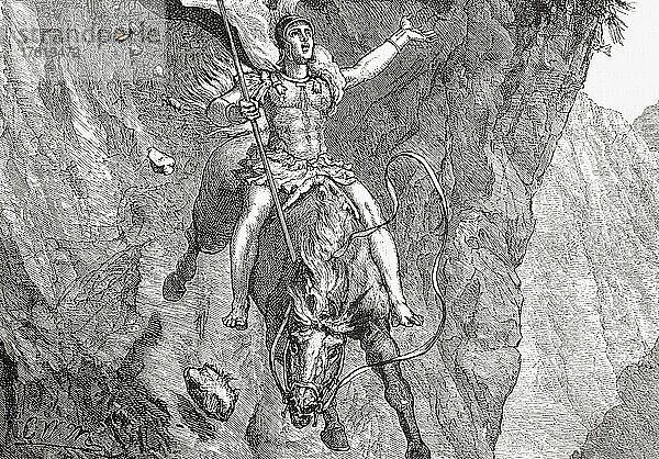 Die Opferung des Curtius. Marcus Curtius  ein mythologischer junger Römer  der sich den Göttern des Hades opferte. Nach einem Erdbeben im Jahr 362 v. Chr. öffnete sich auf dem Forum Romanum eine riesige  tiefe Grube  die die Römer vergeblich zu füllen versuchten. Nachdem sie einen Auguren befragt hatten  der ihnen sagte  dass die Götter das wertvollste Gut verlangten  erklärte ein junger Soldat namens Marcus Curtius ihnen  dass die Waffen und der Mut der Römer das wertvollste Gut der Nation seien  und so sprang er auf seinem Pferd  voll bewaffnet und geschmückt  in die Grube  die sich über ihm schloss und Rom rettete. Aus Cassell's Illustrated Universal History  veröffentlicht 1883.