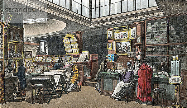 Rudolph Ackermanns Londoner Geschäft Repository of Arts  das er 1794 von seinem früheren Standort in der Pall Mall nach 101 The Strand verlegte. Nach einem Werk von Thomas Rowlandson und Augustus Charles Pugin aus dem Jahr 1809.