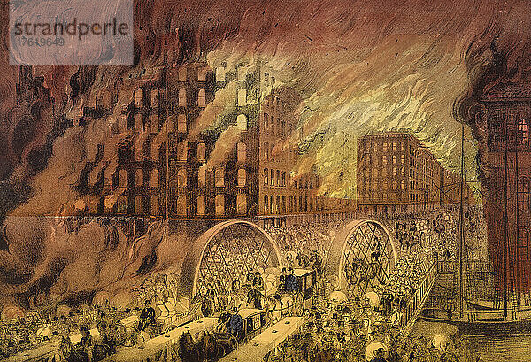 Bürger  die während des großen Feuers in Chicago 1871  das vom 8. bis 10. Oktober brannte und ein Gebiet von 6 5 mal 1 5 Kilometern zerstörte  über die Brücke der Randolph Street flüchteten. 300 Menschen starben. 100.000 Menschen wurden obdachlos. Die Katastrophe führte zu einem Bauboom. Nach einem von Currier und Ives veröffentlichten Werk.