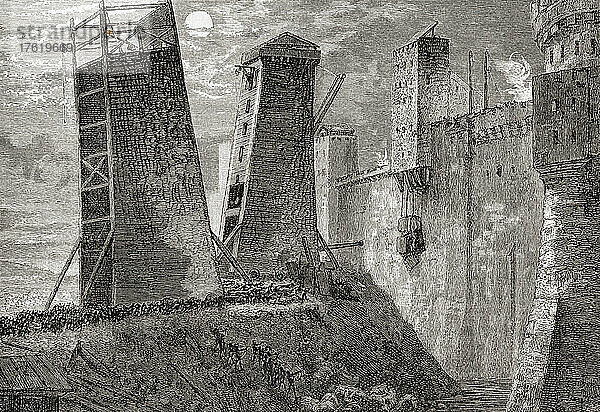 Ein Belagerungsturm bei der Belagerung von Athen und Piräus  87-86 v. Chr. Belagerungstürme wurden gebaut  um Angreifer und Leitern zu schützen  während sie sich den Verteidigungsmauern einer Festung näherten. Aus Cassell's Illustrated Universal History  veröffentlicht 1883.