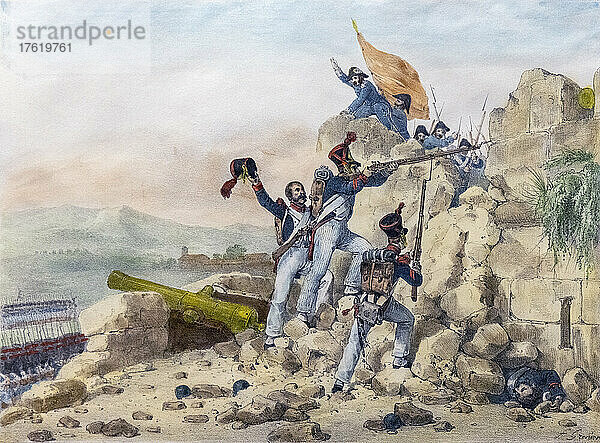 Die Kapitulation von Ciudad Rodrigo  Spanien  am 10. Juli 1810 nach einer französischen Belagerung  die am 26. April begonnen hatte. Die drei französischen Soldaten auf dem Bild  Thirion  Bombois und Belleret  waren nach vorne geschickt worden  um eine Bresche in der Stadtmauer nach der Bombardierung zu untersuchen. Sie wurden nicht herausgefordert  und kurz darauf nahm die spanische Garnison unter der Führung von Feldmarschall Perez de Harrasti ein Kapitulationsangebot an Frankreichs Marschall Ney an. Nach einem Werk von Charles Motte.