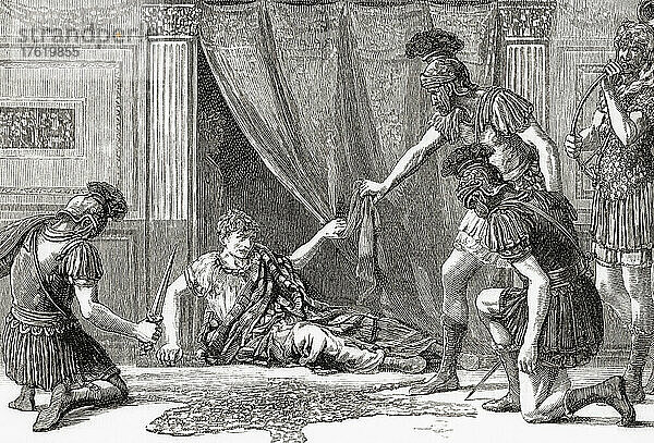 Tiberius Claudius Caesar Augustus Germanicus  10 v. Chr. - 54 n. Chr. Vierter römischer Kaiser. Nach der Ermordung Caligulas durch eine Verschwörung  an der der Prätorianer Cassius Chaerea und mehrere Senatoren beteiligt waren  wurde Claudius  der wahrscheinlich von der Verschwörung wusste  aber nicht direkt daran beteiligt war  Zeuge  wie die Wachen mehrere Adlige  darunter auch seine Freunde  hinrichteten  und floh in den Palast  um sich dort zu verstecken  wo ein Prätorianer namens Gratus ihn hinter einem Vorhang fand und ihn zum princeps oder Kaiser erklärte. Aus Cassell's Illustrated Universal History  veröffentlicht 1883.