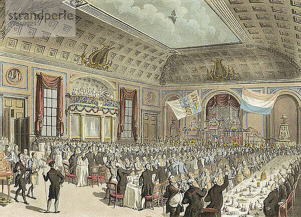 Bankett im großen Saal der City of London Tavern  14. Dezember 1813. Mit dieser Veranstaltung wurde die Befreiung der Niederlande von den Franzosen gefeiert. Anwesend waren der Herzog von Clarence  der spätere König Wilhelm IV.  und der Erbprinz von Holland  Willem Frederik  der spätere König der Niederlande. Nach einem Werk von Thomas Rowlandson und J. Sheperd.