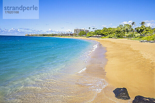 May's Beach  nördlich von Kaanapali  Blick nach Norden mit Palmen und einem Resort; Maui  Hawaii  Vereinigte Staaten von Amerika